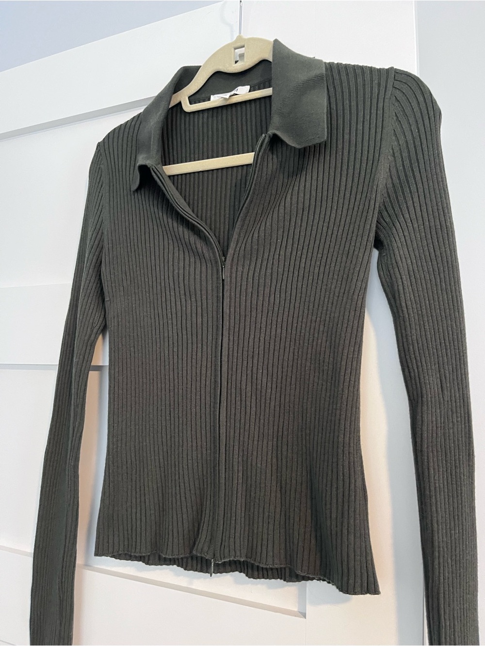 Splendid Olive Green Ribbed Zip Polo Long Sleeve Top